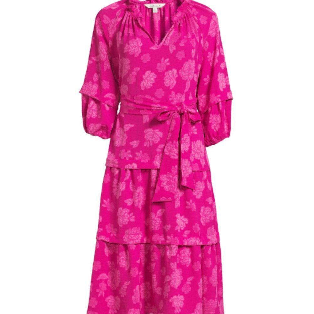 Pioneer Woman Midi Dress 3/4 Sleeve Tiered Ruffle Festive Fuchsia Cottage Core